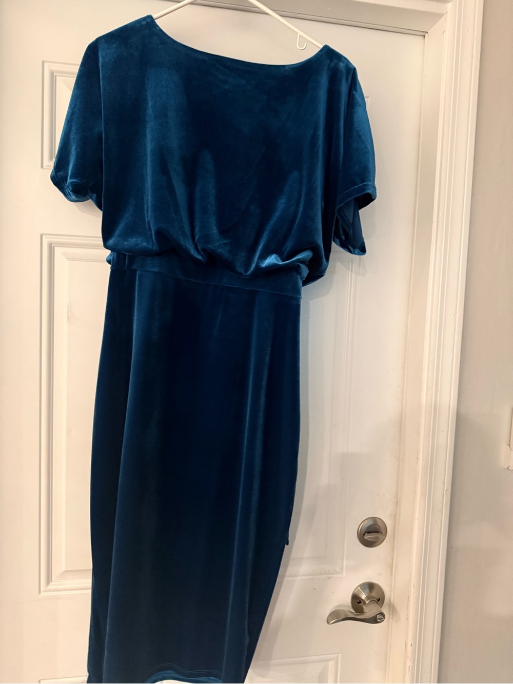 Kensie Teal Velvet Blouson Boat Neck Tie Waist Midi Dress - see description